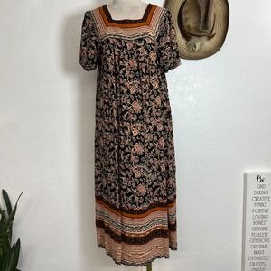 Expression Rayon Maxi Dress M Black Brown Floral Paisley Border Pockets Oversize